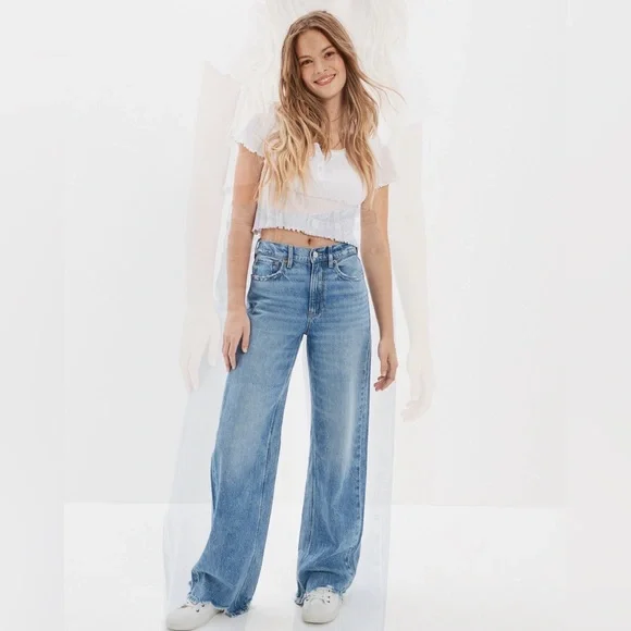 American Eagle Super High Rise Baggy Wide Leg Regular Medium Bright Indigo 6 - Picture 1 of 10